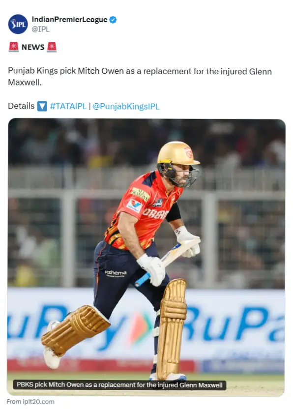 Punjab Kings pick Mitch Owen as a replacement for the injured Glenn Maxwell