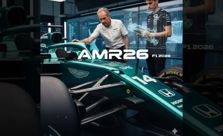 Adrian Newey analyzing the Aston Martin AMR26 suspension design for F1 2026